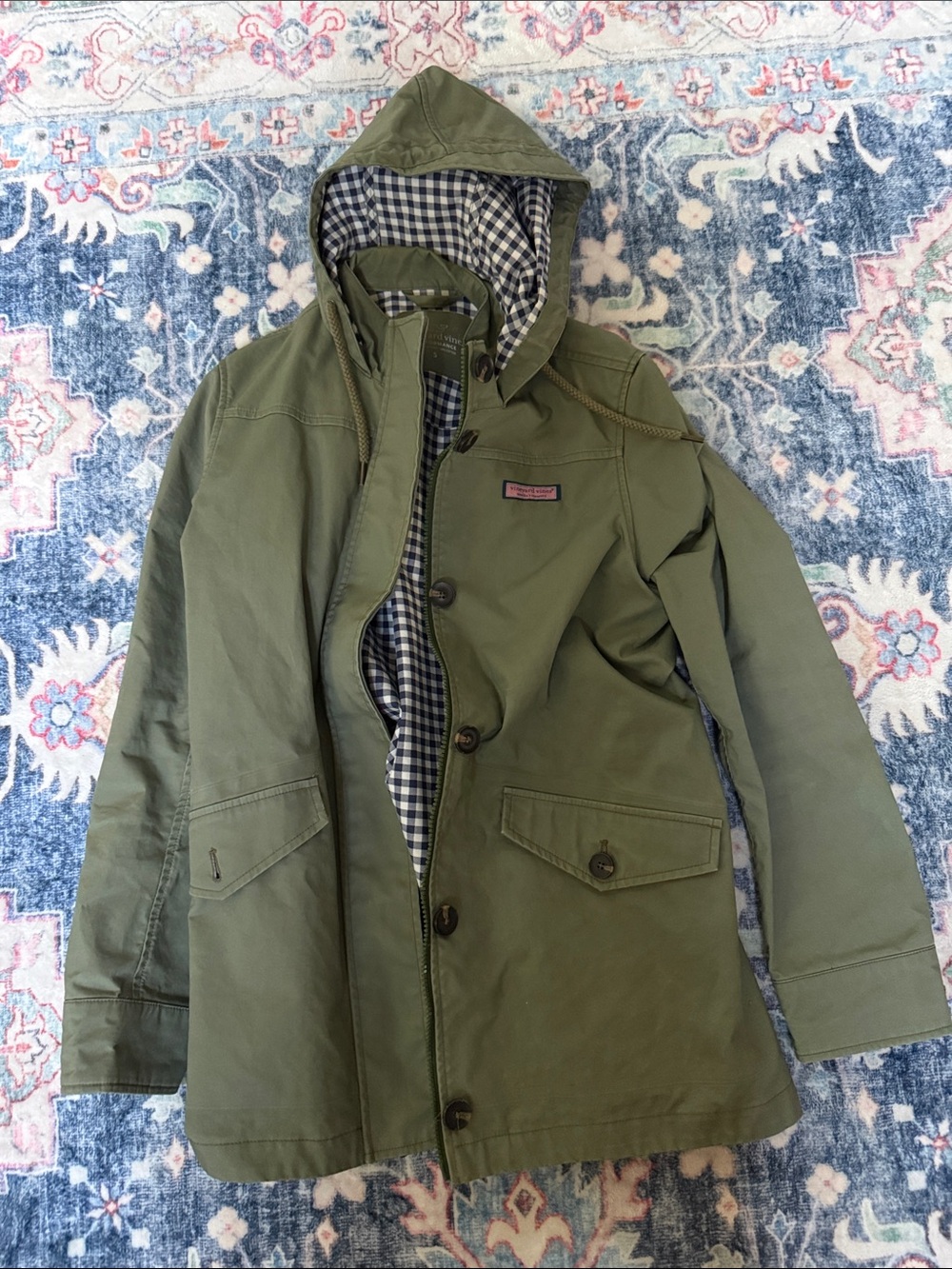 Vineyard Vines Olive Green Hooded Jacket with Gingham Lining